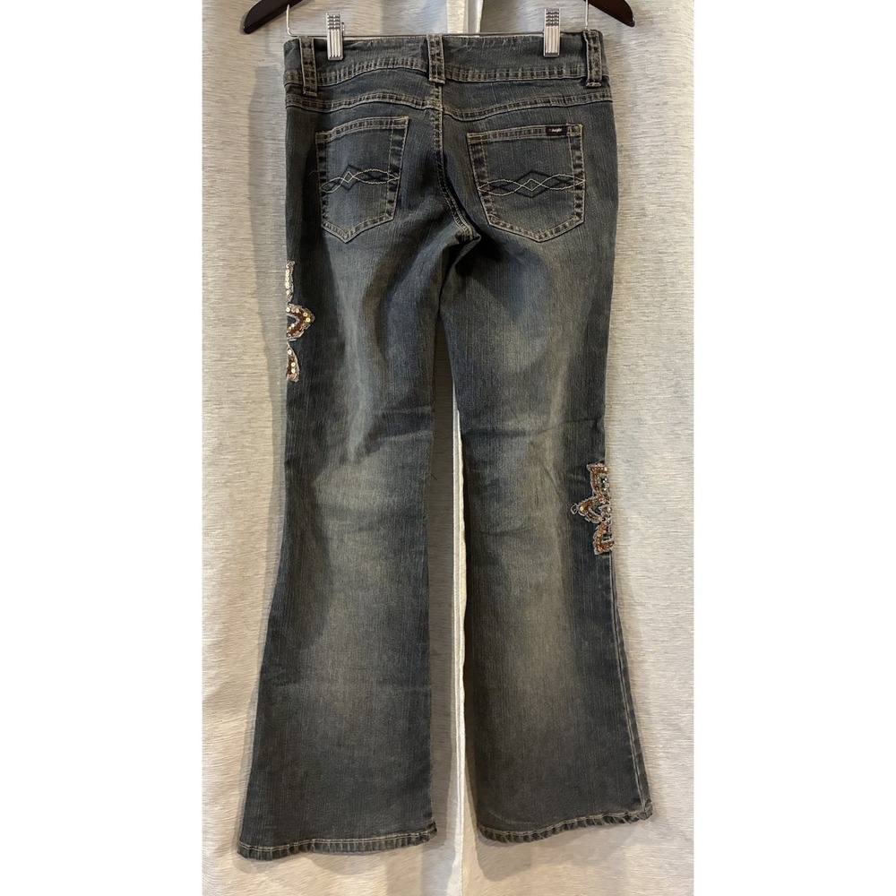 Vtg Angels Y2K Jeans Flare Gold Floral Embroidered Beaded Sequin Low Rise 7 Boho - Picture 4 of 6